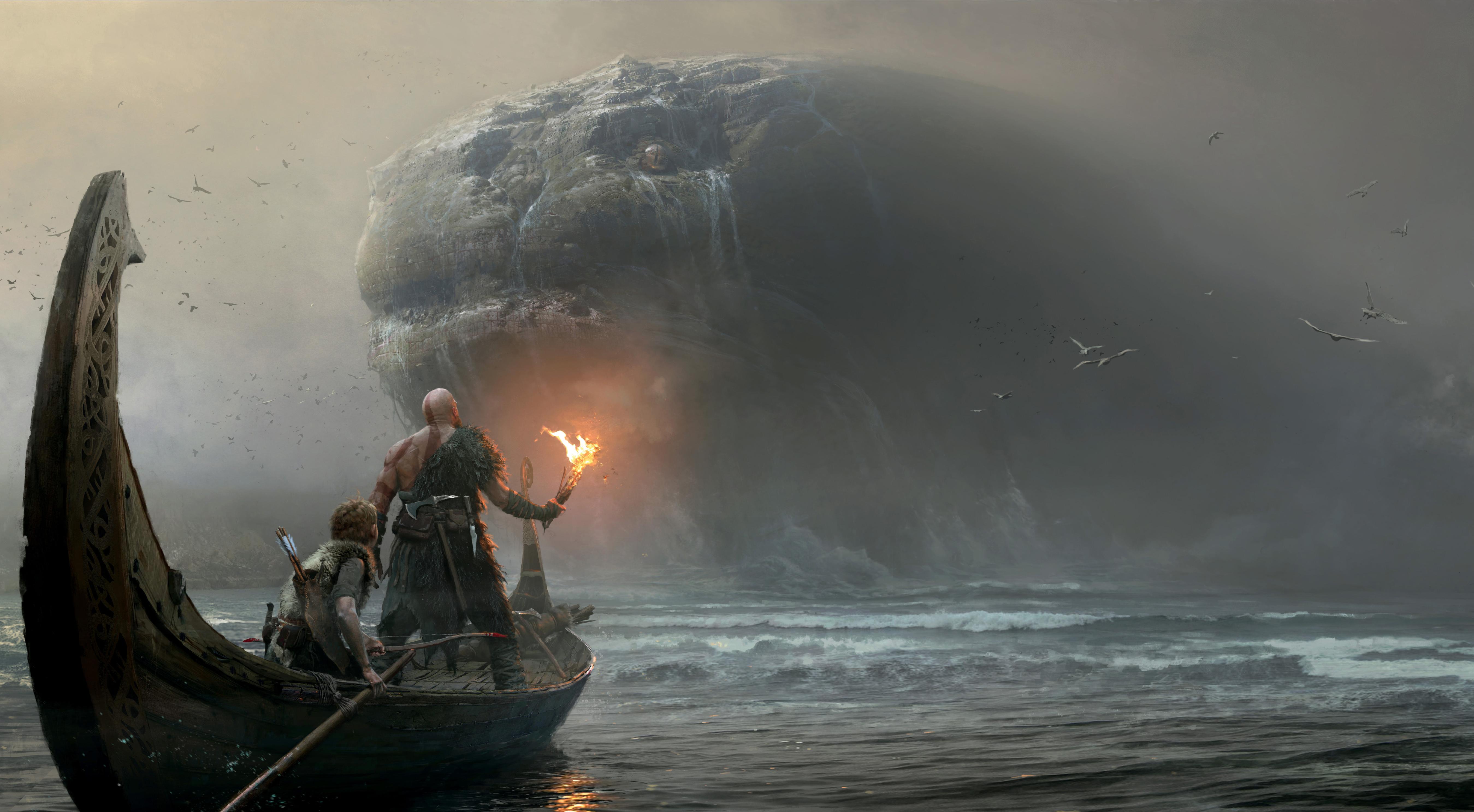 Kratos and Atreus traveling by boat through a misty Norse lake